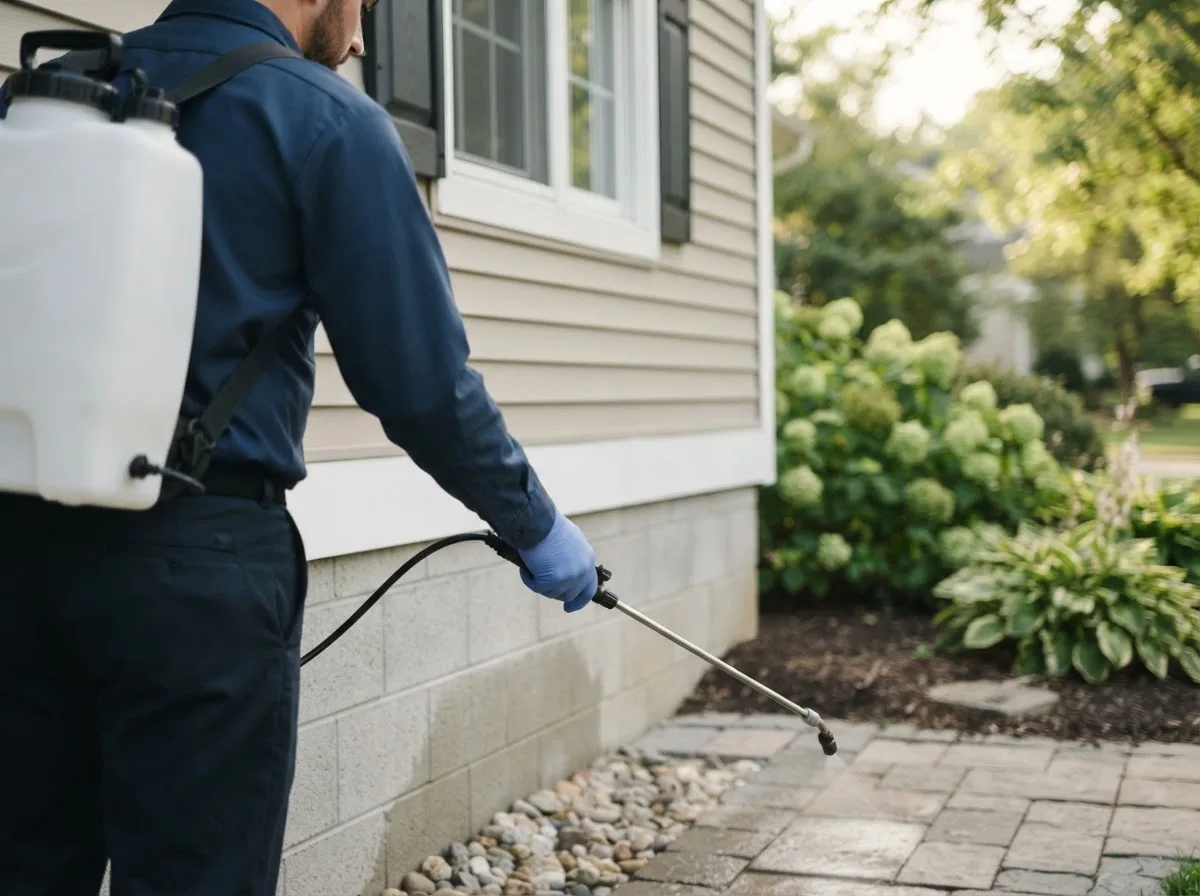 Pest control technician inspecting a home in Kampsville, IL